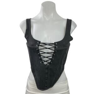 Maria Jovrea Black Lace Up Sleeveless Longline Corset Bustier Crop Top Size S
